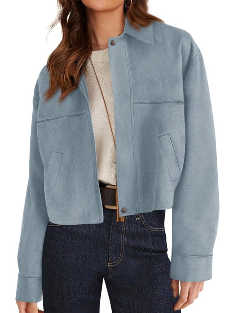 Women's Light Blue Faux Suede Cropped 2 Pockets Fall Jacket Oversized Shacket